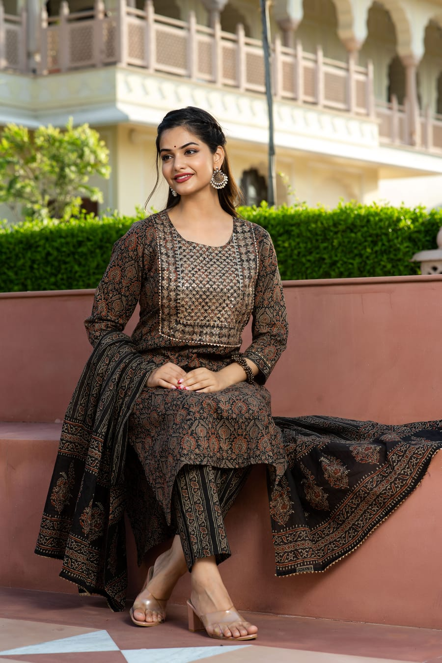 Cotton Ajrakh Printed Sequence Adda & Embroidered Kurta Pant & Dupatta