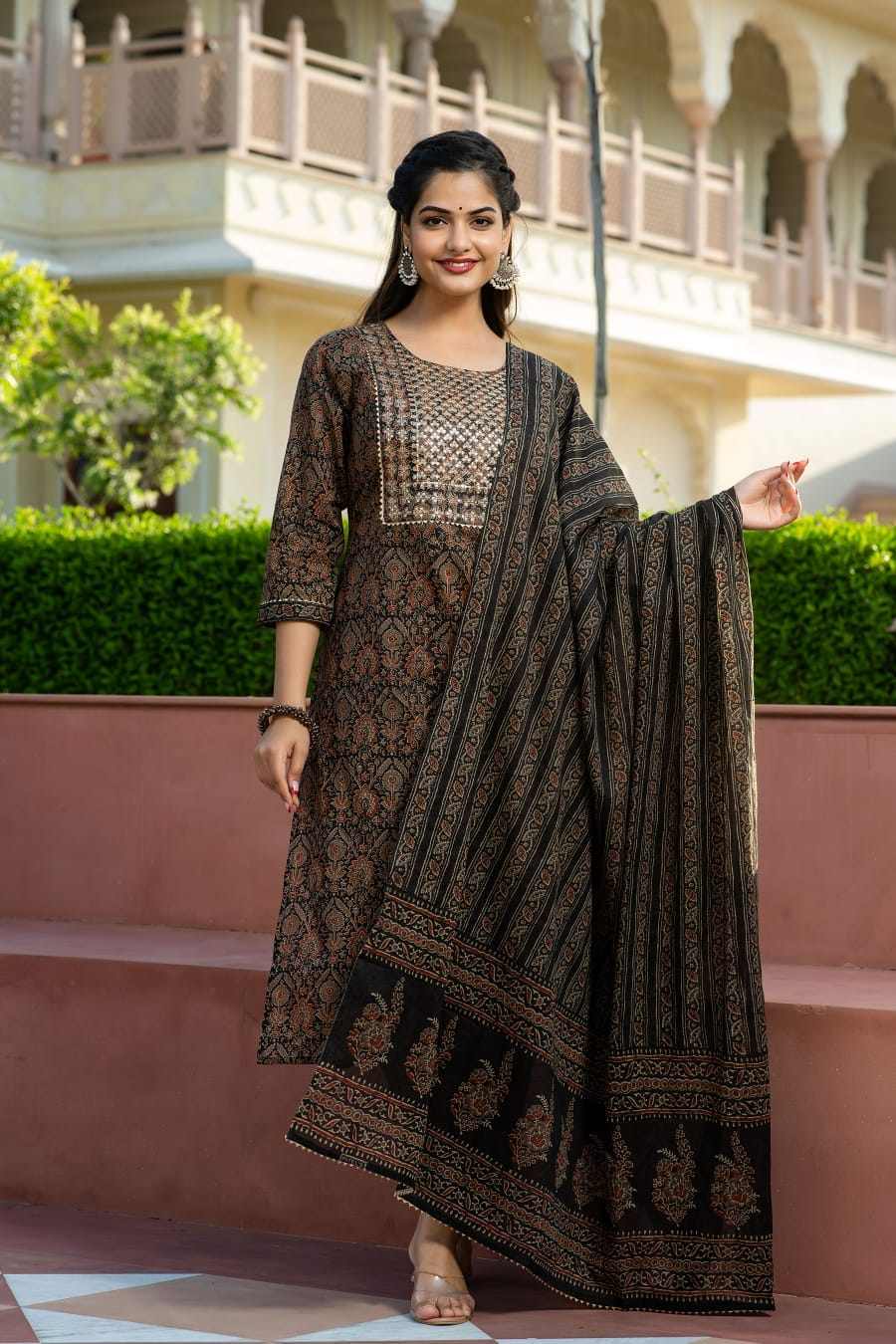 Cotton Ajrakh Printed Sequence Adda & Embroidered Kurta Pant & Dupatta