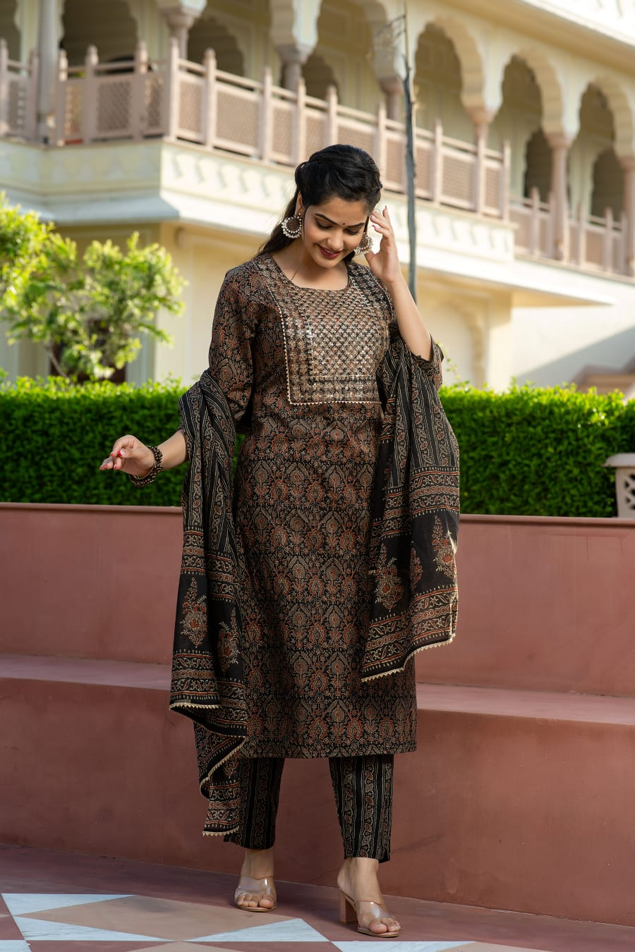 Cotton Ajrakh Printed Sequence Adda & Embroidered Kurta Pant & Dupatta