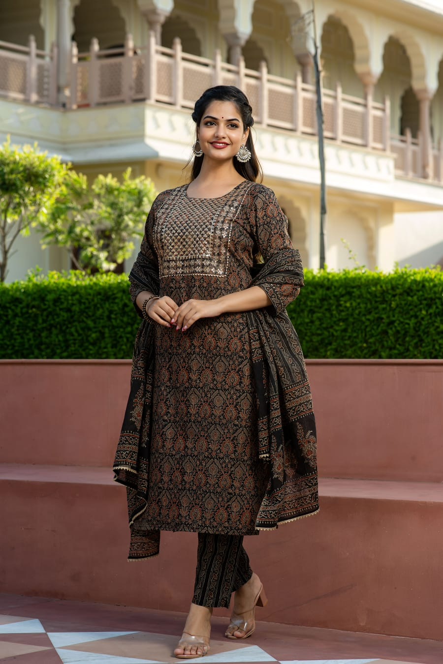 Cotton Ajrakh Printed Sequence Adda & Embroidered Kurta Pant & Dupatta