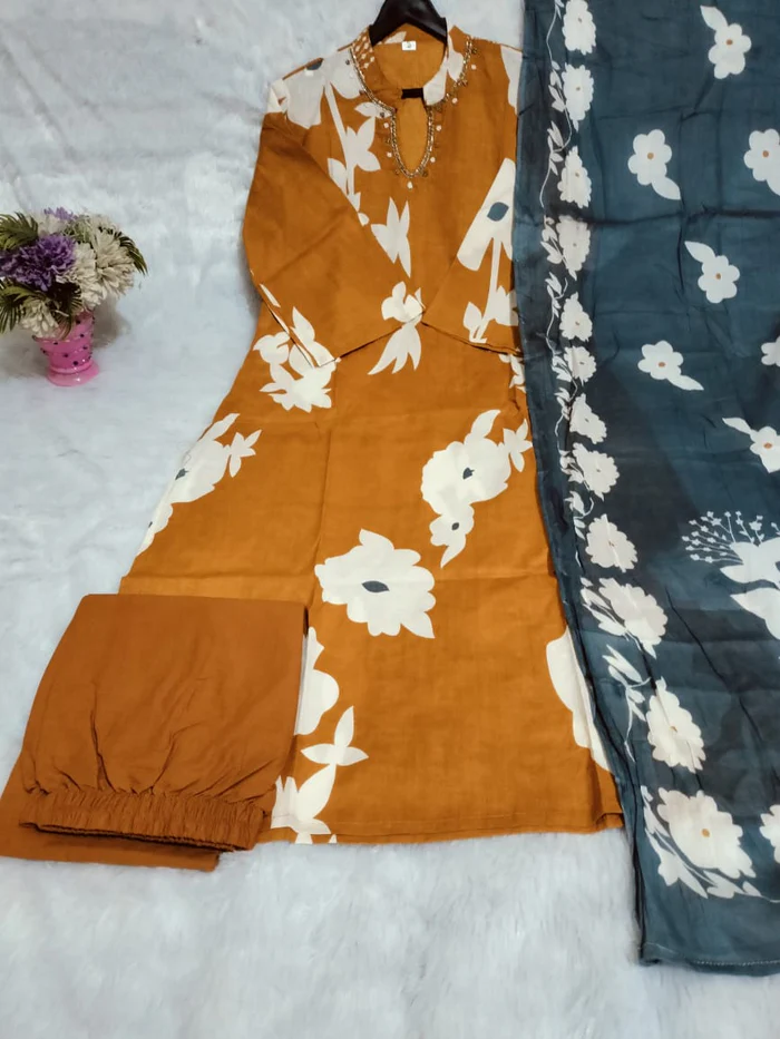 Beautiful Cotton Floral Printed Kurti Pant Dupatta Set (2 Colors)