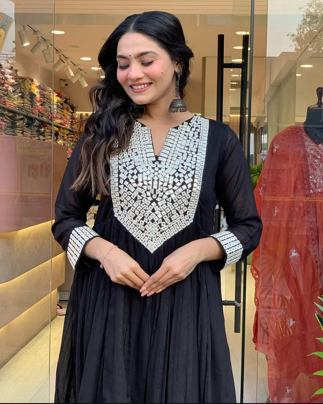 Beautiful Mal Cotton Anarkali Suit With Mirror Work - Cocktail Party Special