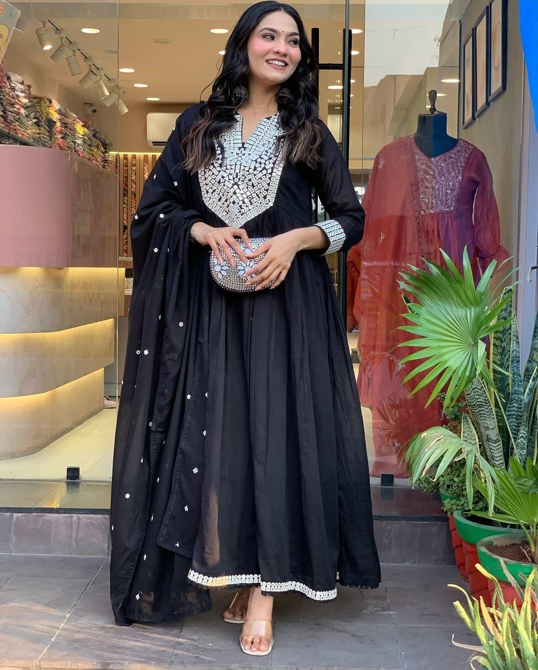 Beautiful Mal Cotton Anarkali Suit With Mirror Work - Cocktail Party Special