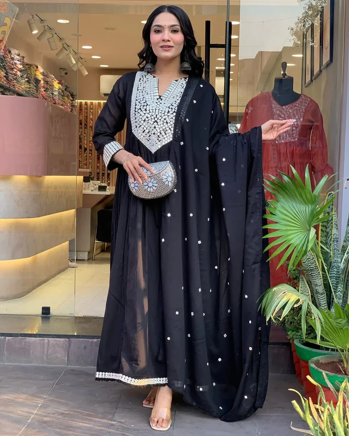Beautiful Mal Cotton Anarkali Suit With Mirror Work - Cocktail Party Special