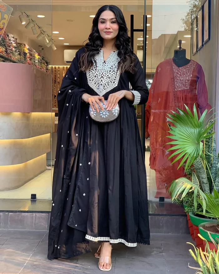 Beautiful Mal Cotton Anarkali Suit With Mirror Work - Cocktail Party Special