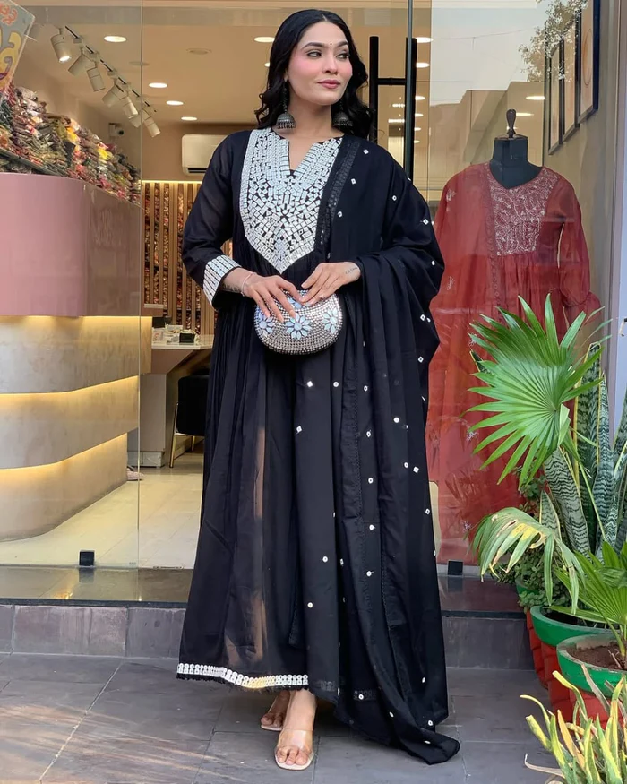 Beautiful Mal Cotton Anarkali Suit With Mirror Work - Cocktail Party Special