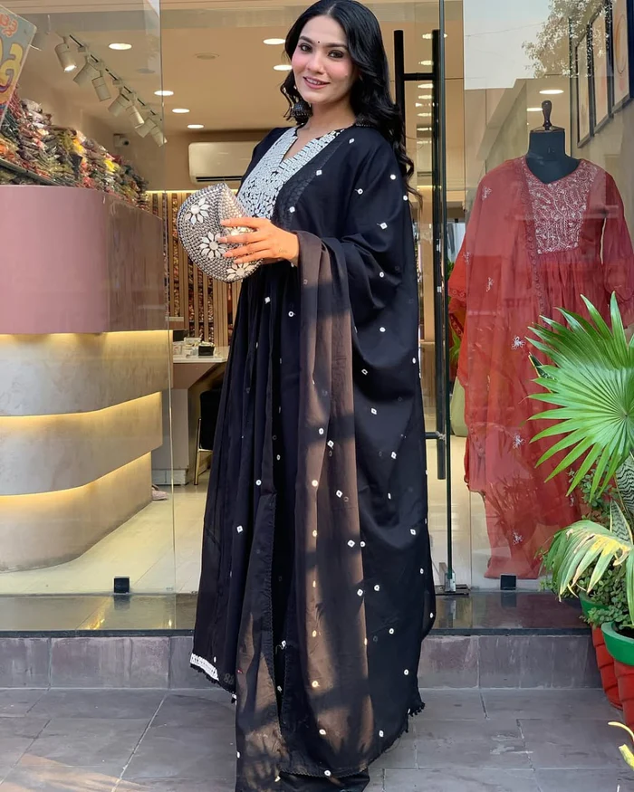 Beautiful Mal Cotton Anarkali Suit With Mirror Work - Cocktail Party Special