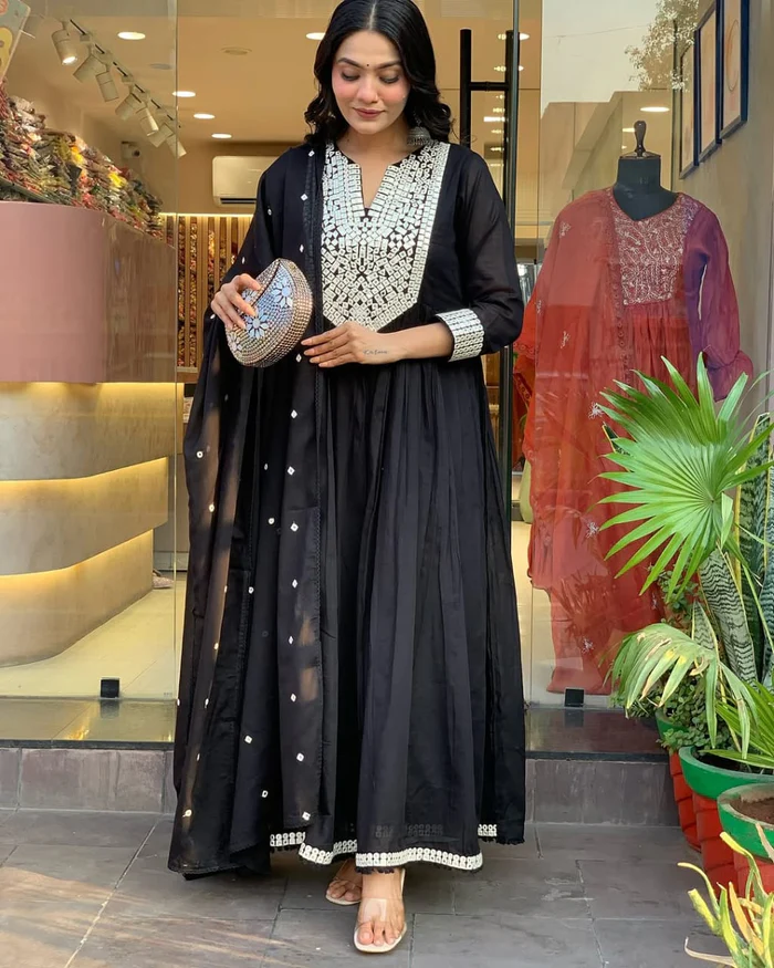 Beautiful Mal Cotton Anarkali Suit With Mirror Work - Cocktail Party Special