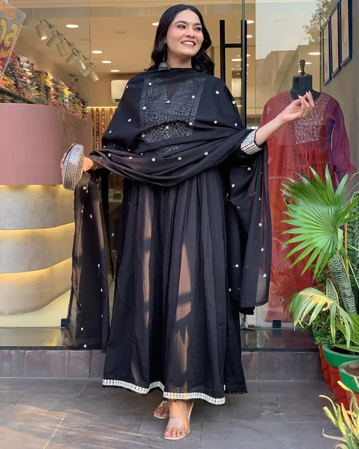 Beautiful Mal Cotton Anarkali Suit With Mirror Work - Cocktail Party Special
