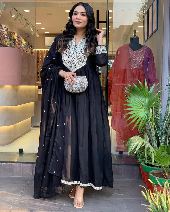 Beautiful Mal Cotton Anarkali Suit With Mirror Work - Cocktail Party Special