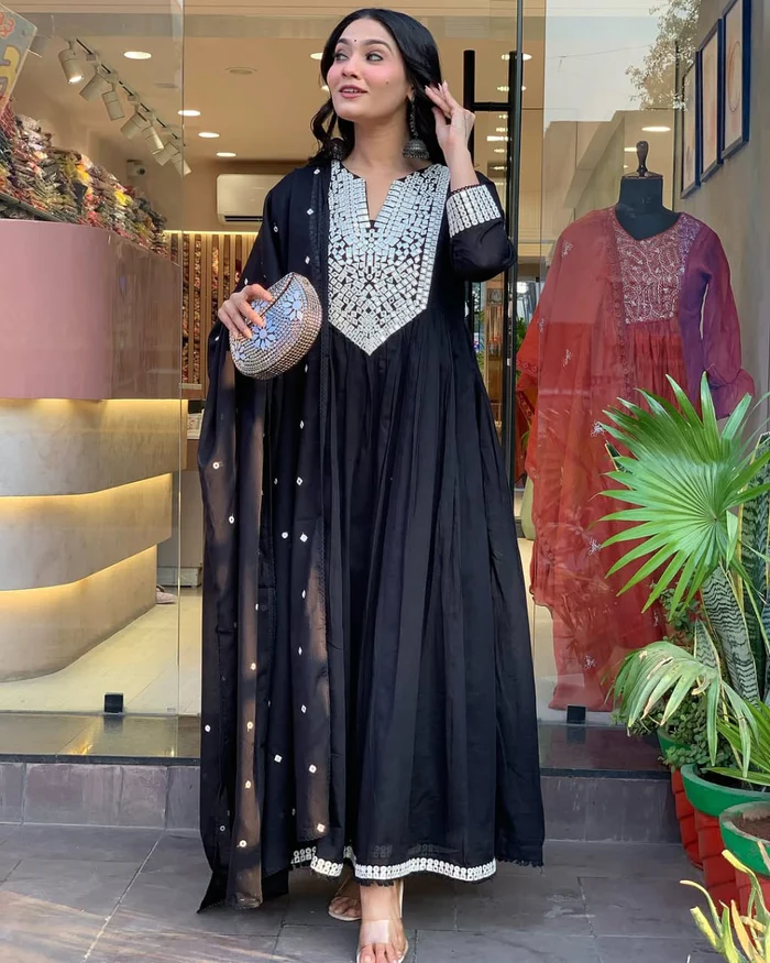 Beautiful Mal Cotton Anarkali Suit With Mirror Work - Cocktail Party Special