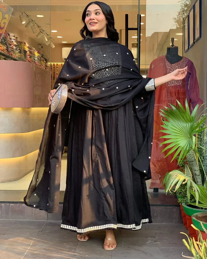 Beautiful Mal Cotton Anarkali Suit With Mirror Work - Cocktail Party Special