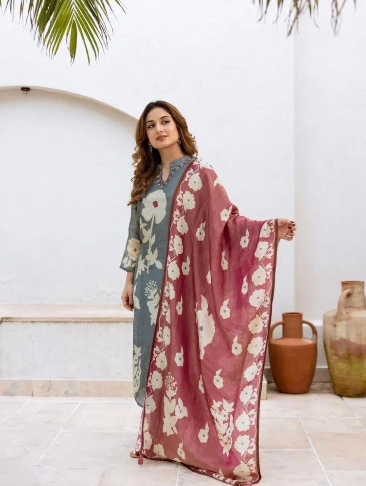 Beautiful Cotton Floral Printed Kurti Pant Dupatta Set (2 Colors)