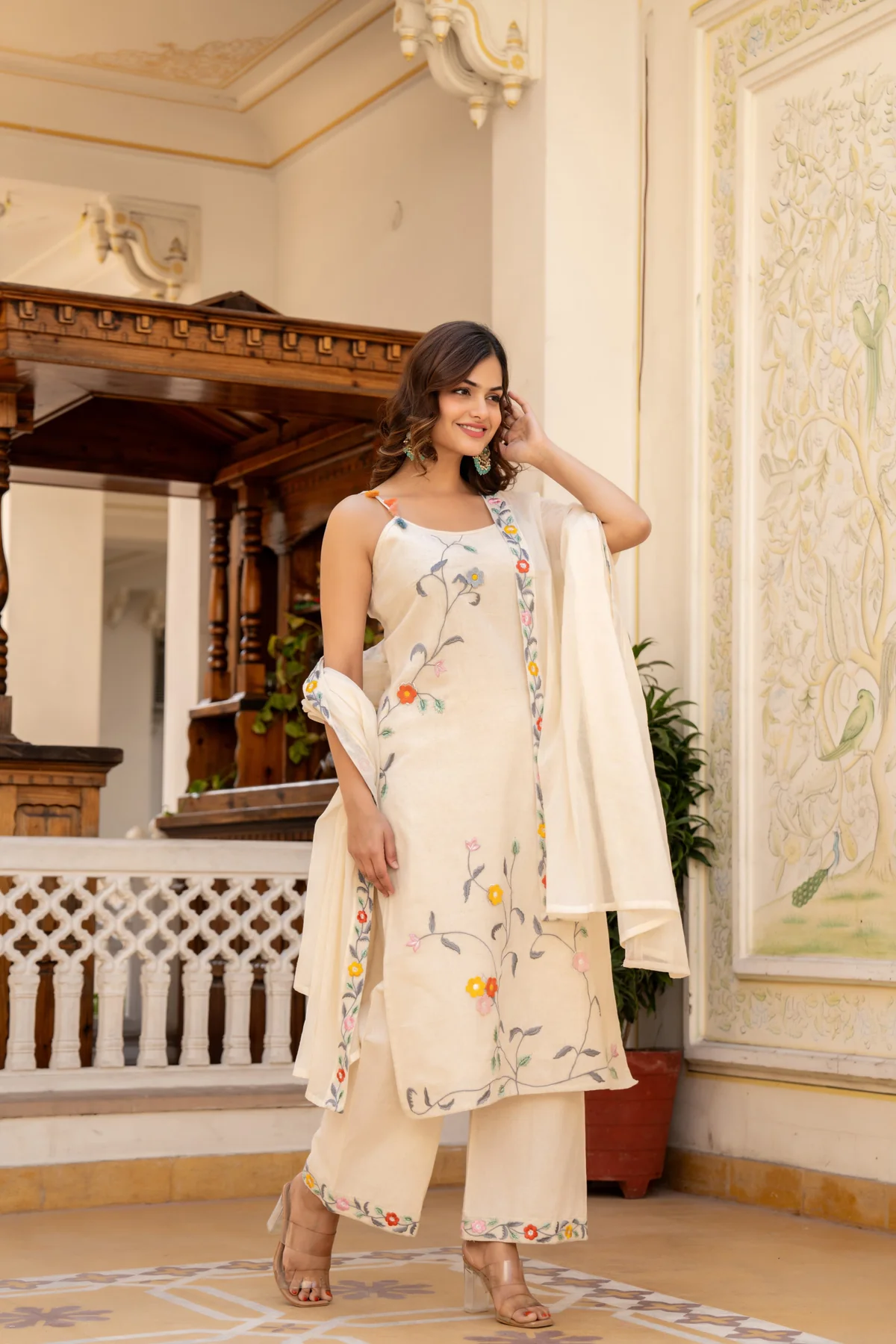 Floral Strappy Embroidered Kurta Pant & Dupatta