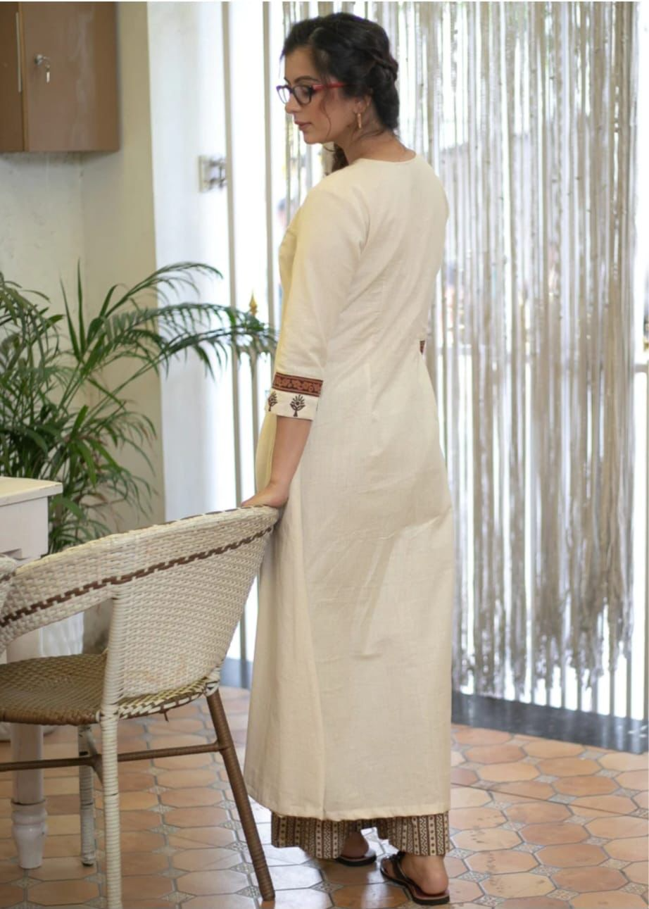 Cotton Flex Off-White Embroidered Kurta & Pant