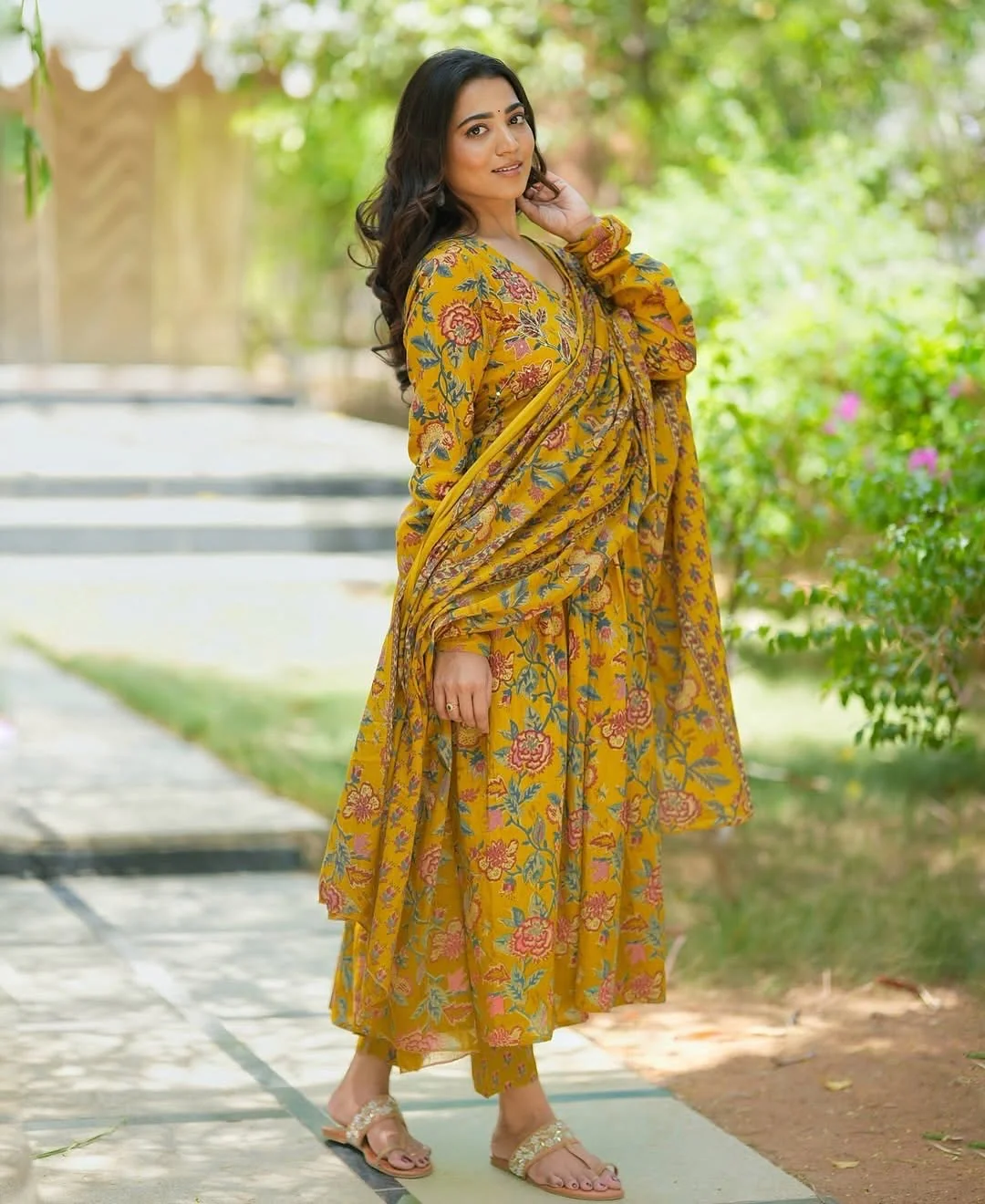 Cotton Printed Anarkali Suit With Hand Work