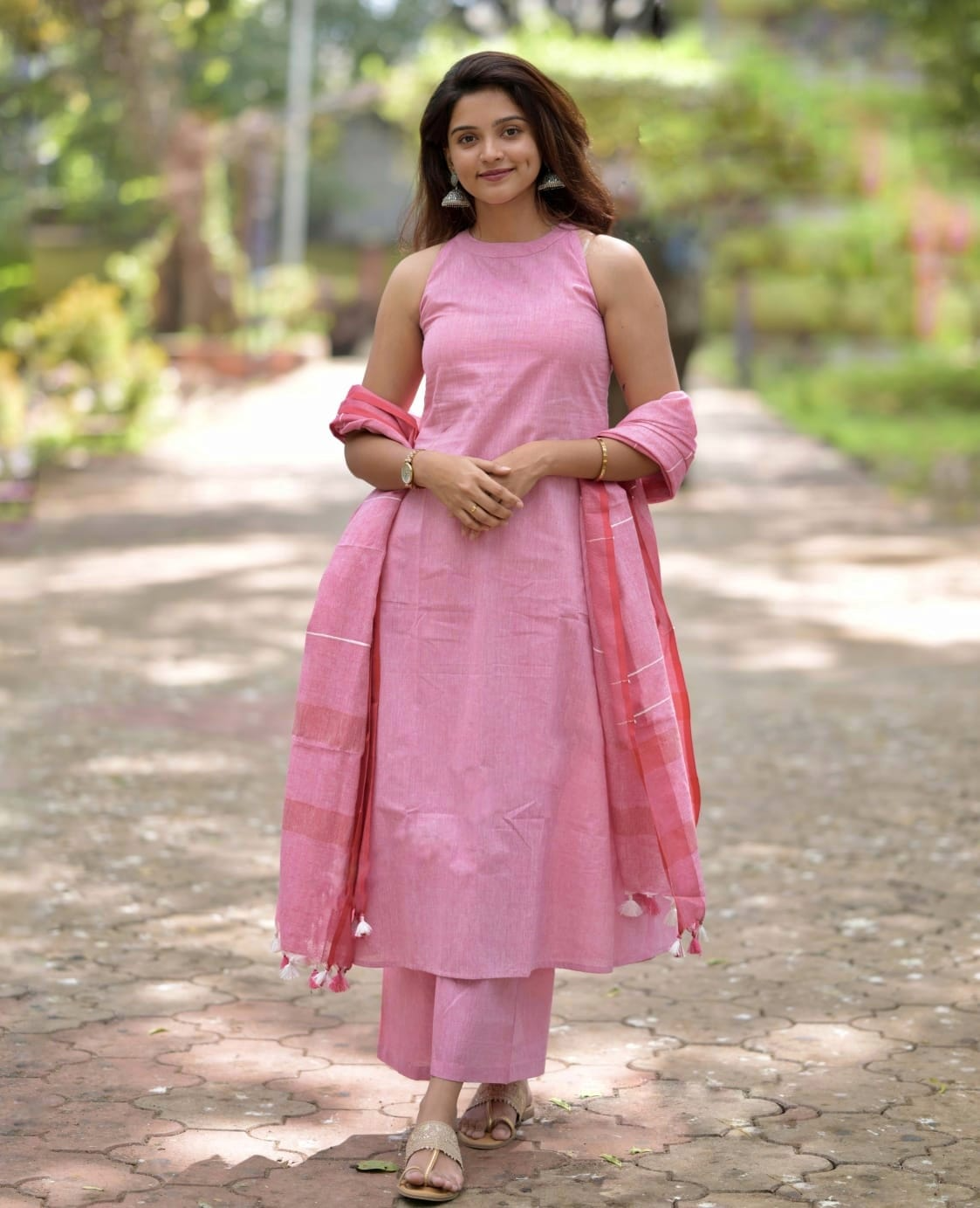 Pink Handloom A Line Kurti With Palazzo & Linen Dupatta