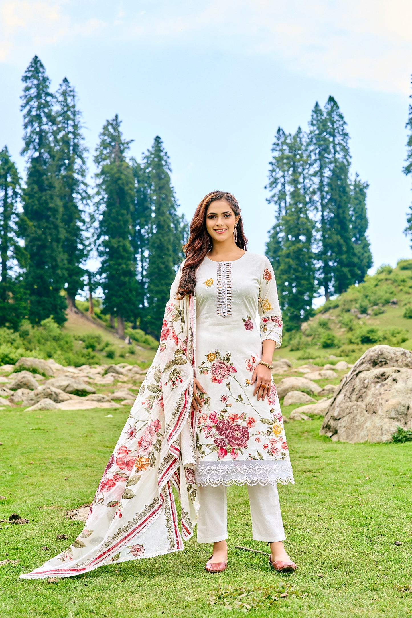Floral Printed Cotton Lining Kurta Set (Set Of 3)