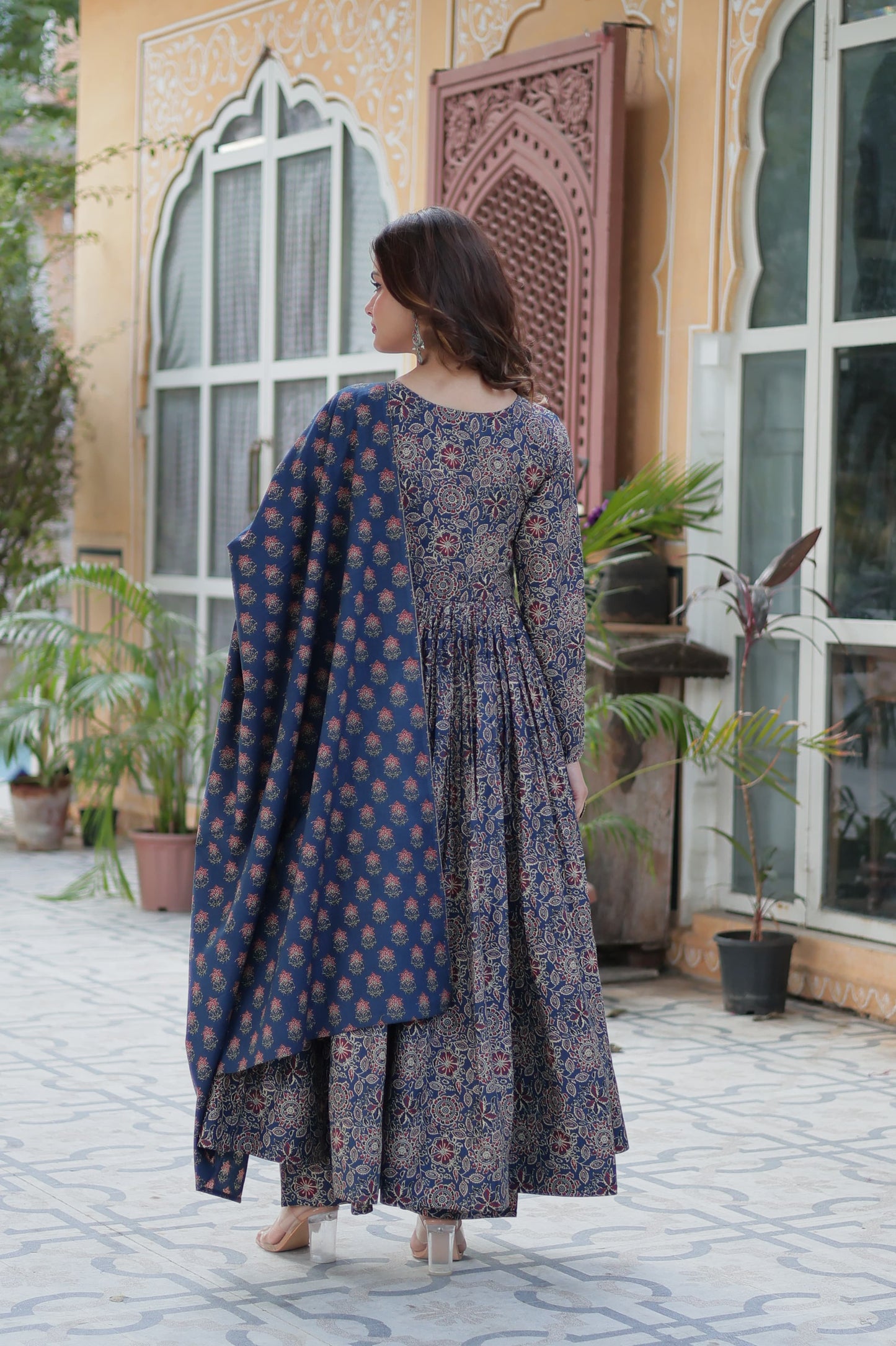Blue Ajrakkh Cotton Anarkali Suit