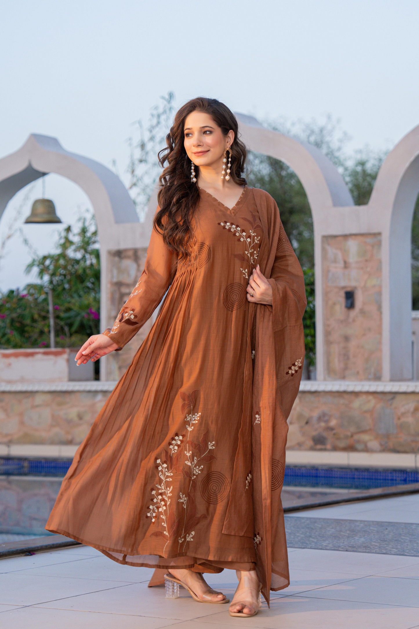 Brown Banarasi Mal Chanderi Embroiderd Anarkali Suit with Patch work