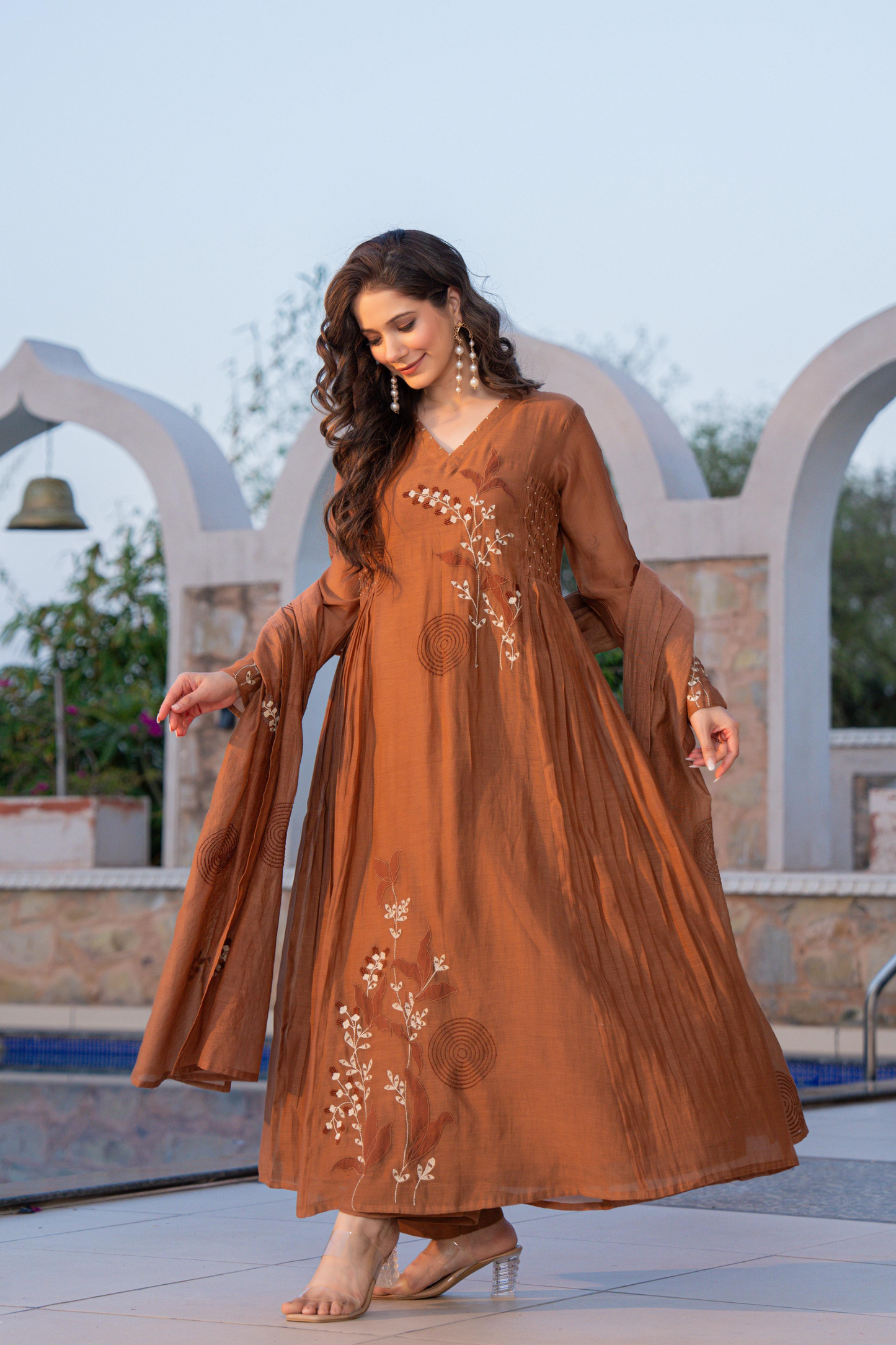 Brown Banarasi Mal Chanderi Embroiderd Anarkali Suit with Patch work