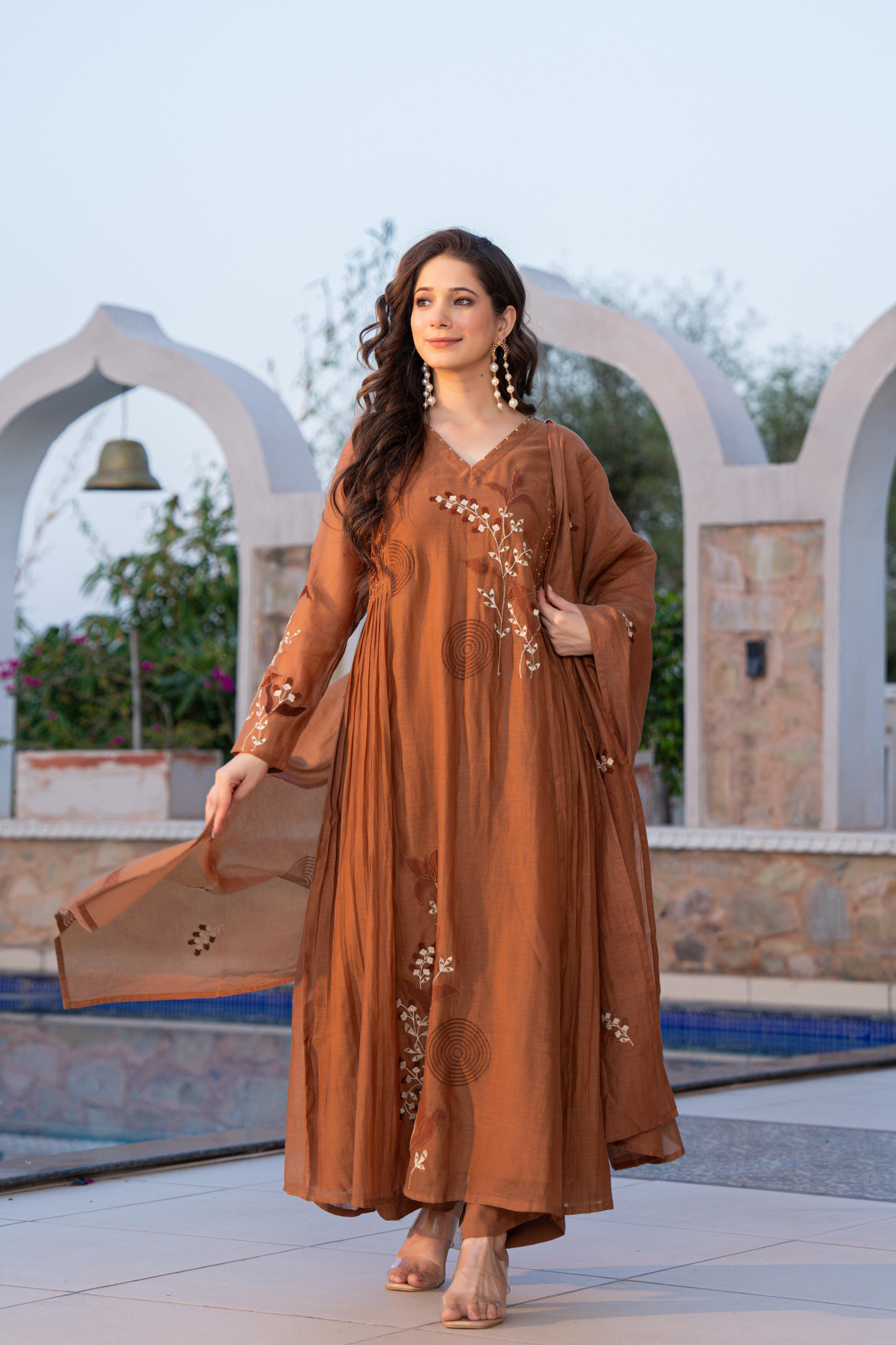 Brown Banarasi Mal Chanderi Embroiderd Anarkali Suit with Patch work