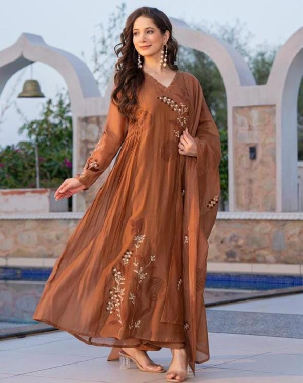 Brown Banarasi Mal Chanderi Embroiderd Anarkali Suit with Patch work