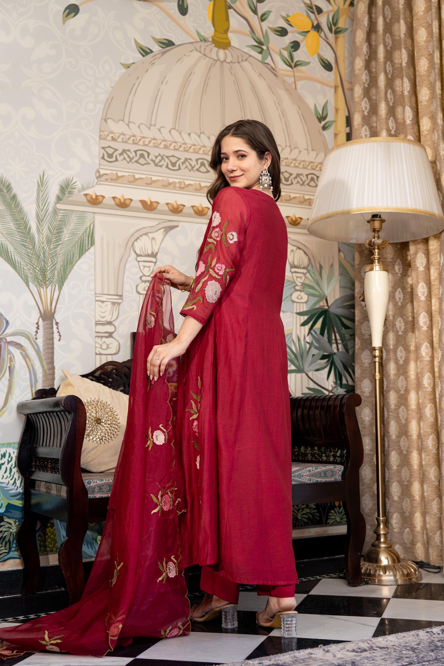 Red Mul Chanderi Embroidered Suit Set With Cotton Lining