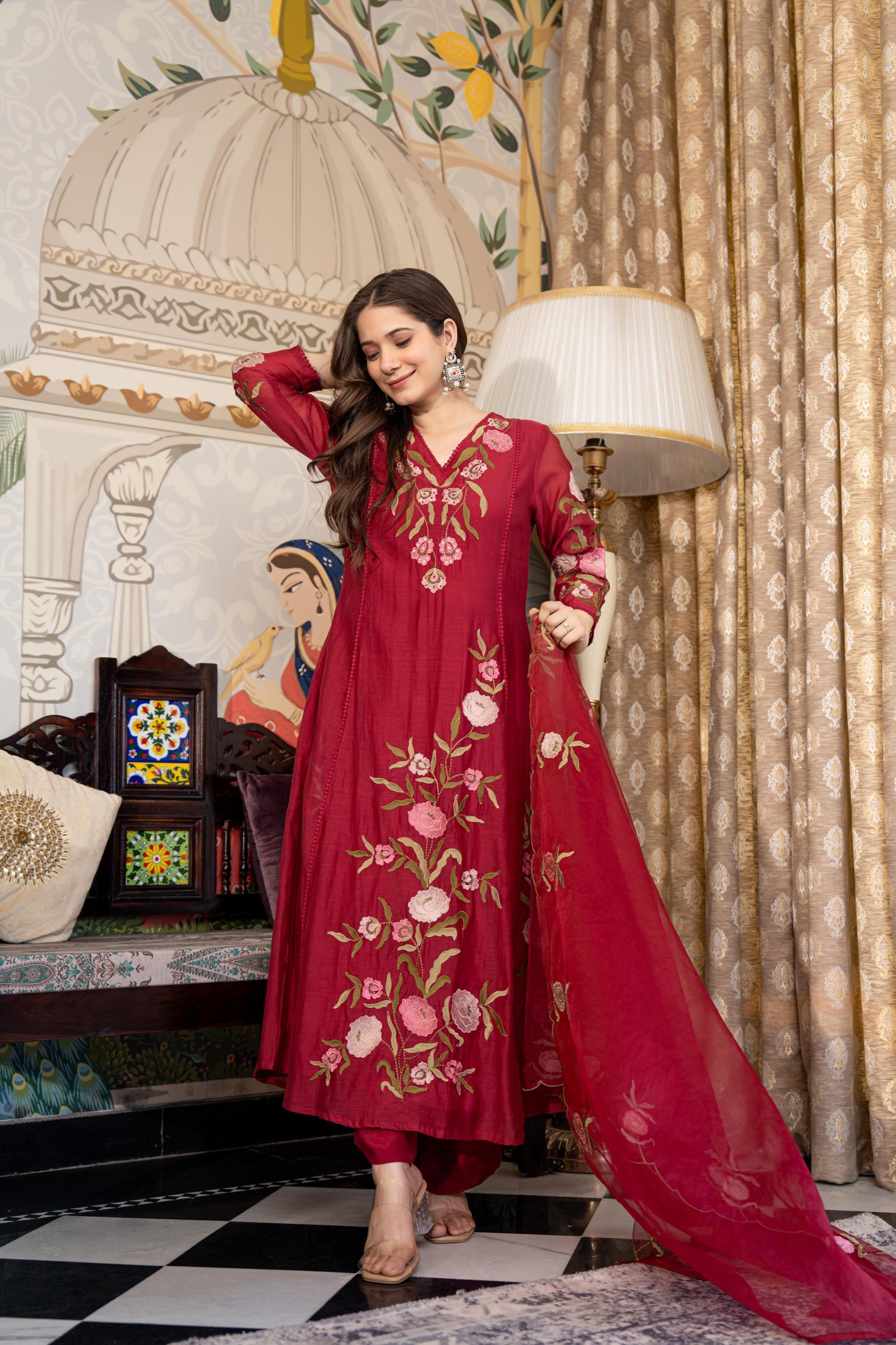 Red Mul Chanderi Embroidered Suit Set With Cotton Lining