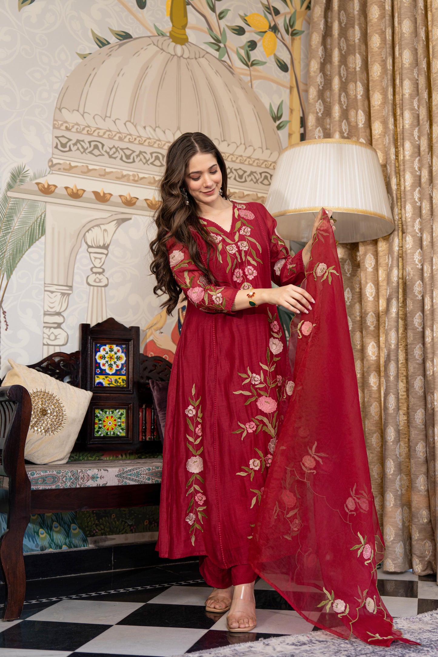 Red Mul Chanderi Embroidered Suit Set With Cotton Lining