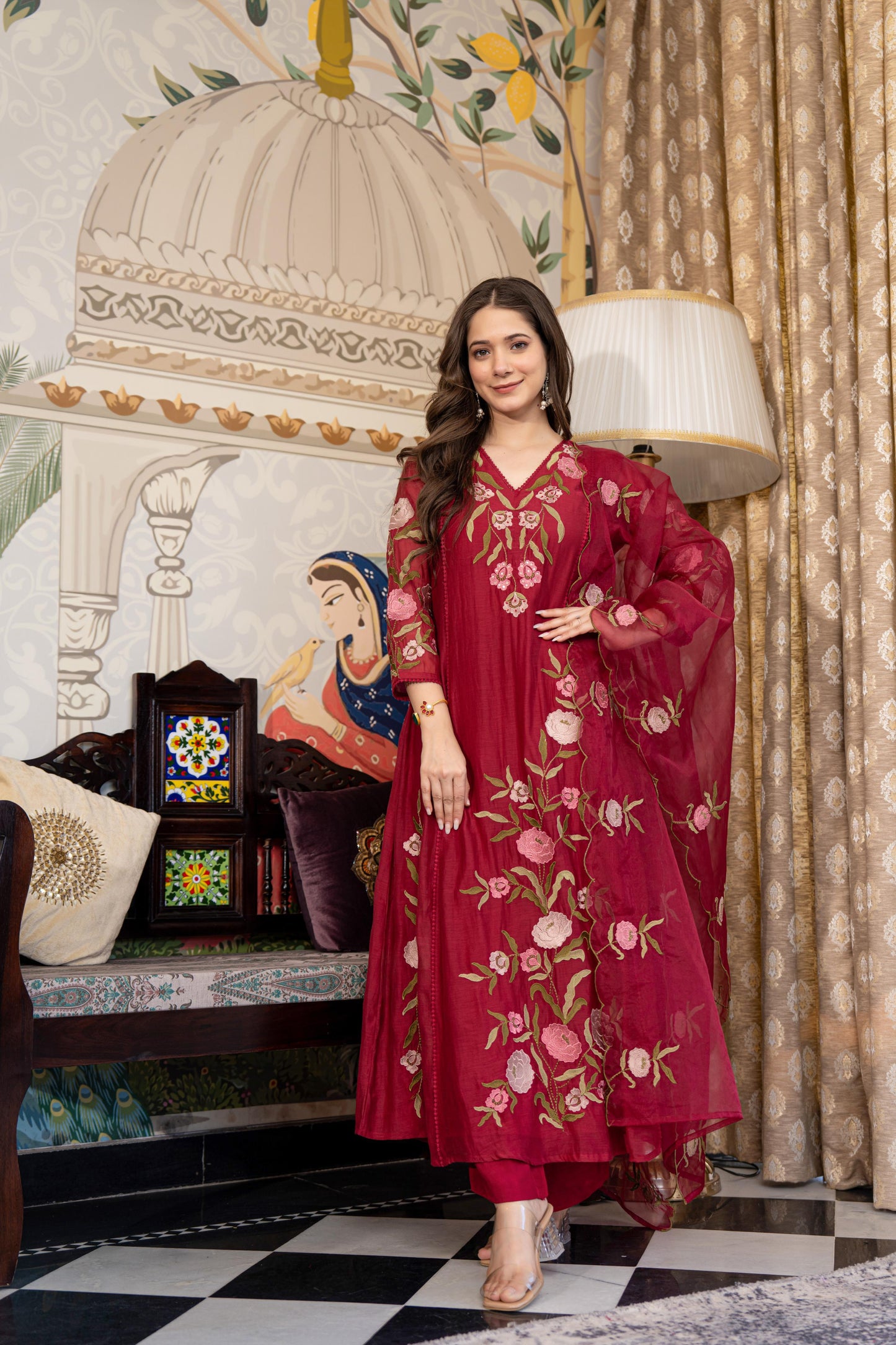 Red Mul Chanderi Embroidered Suit Set With Cotton Lining