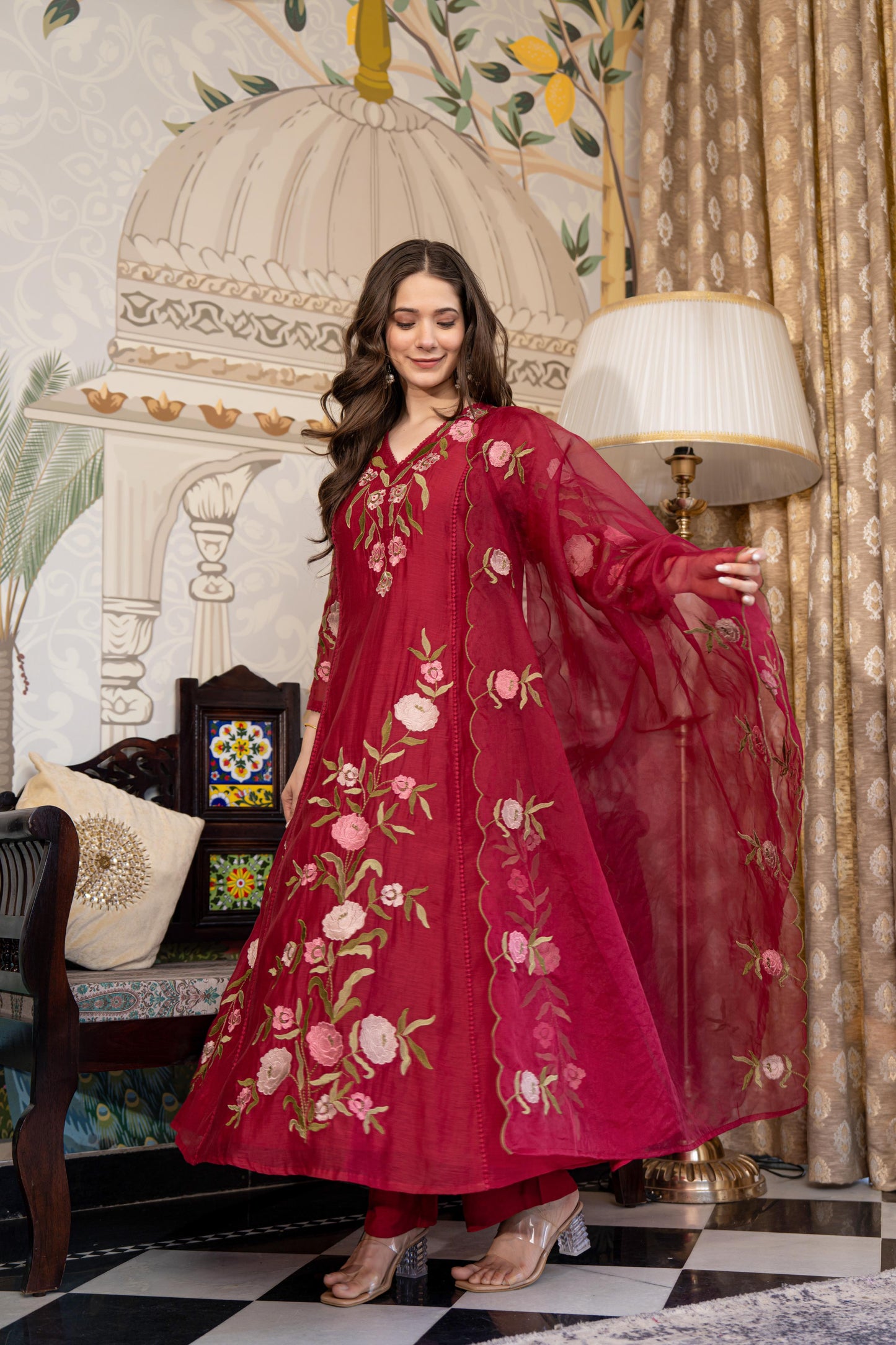 Red Mul Chanderi Embroidered Suit Set With Cotton Lining