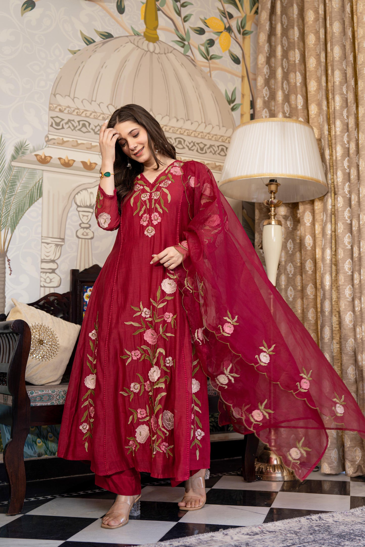 Red Mul Chanderi Embroidered Suit Set With Cotton Lining