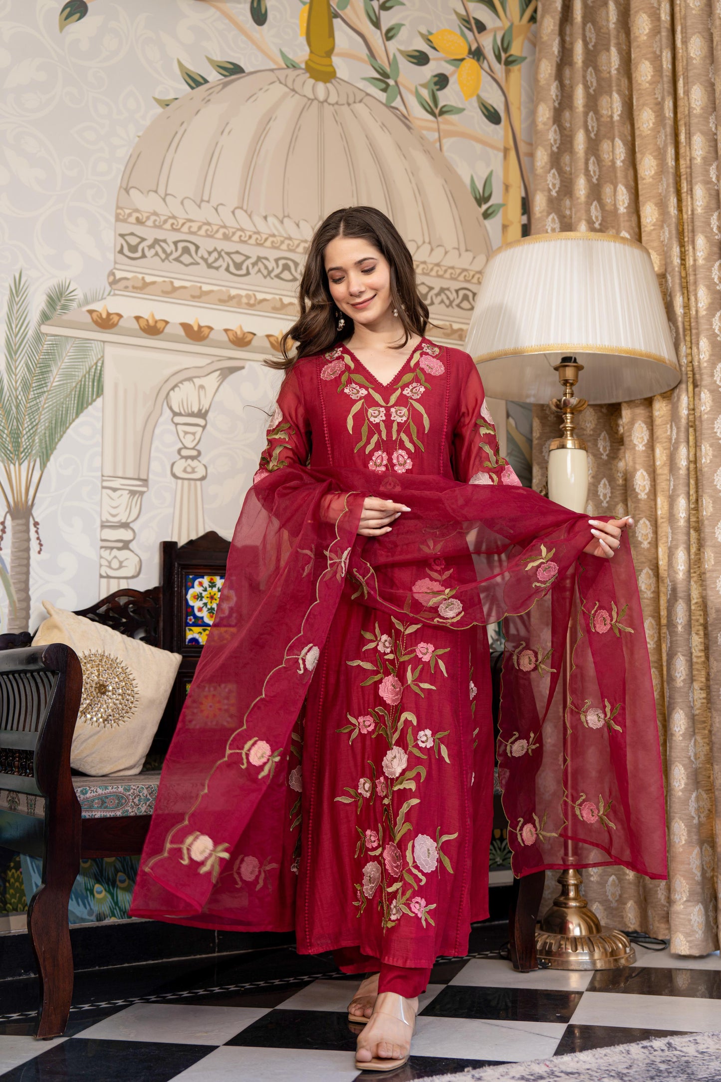 Red Mul Chanderi Embroidered Suit Set With Cotton Lining