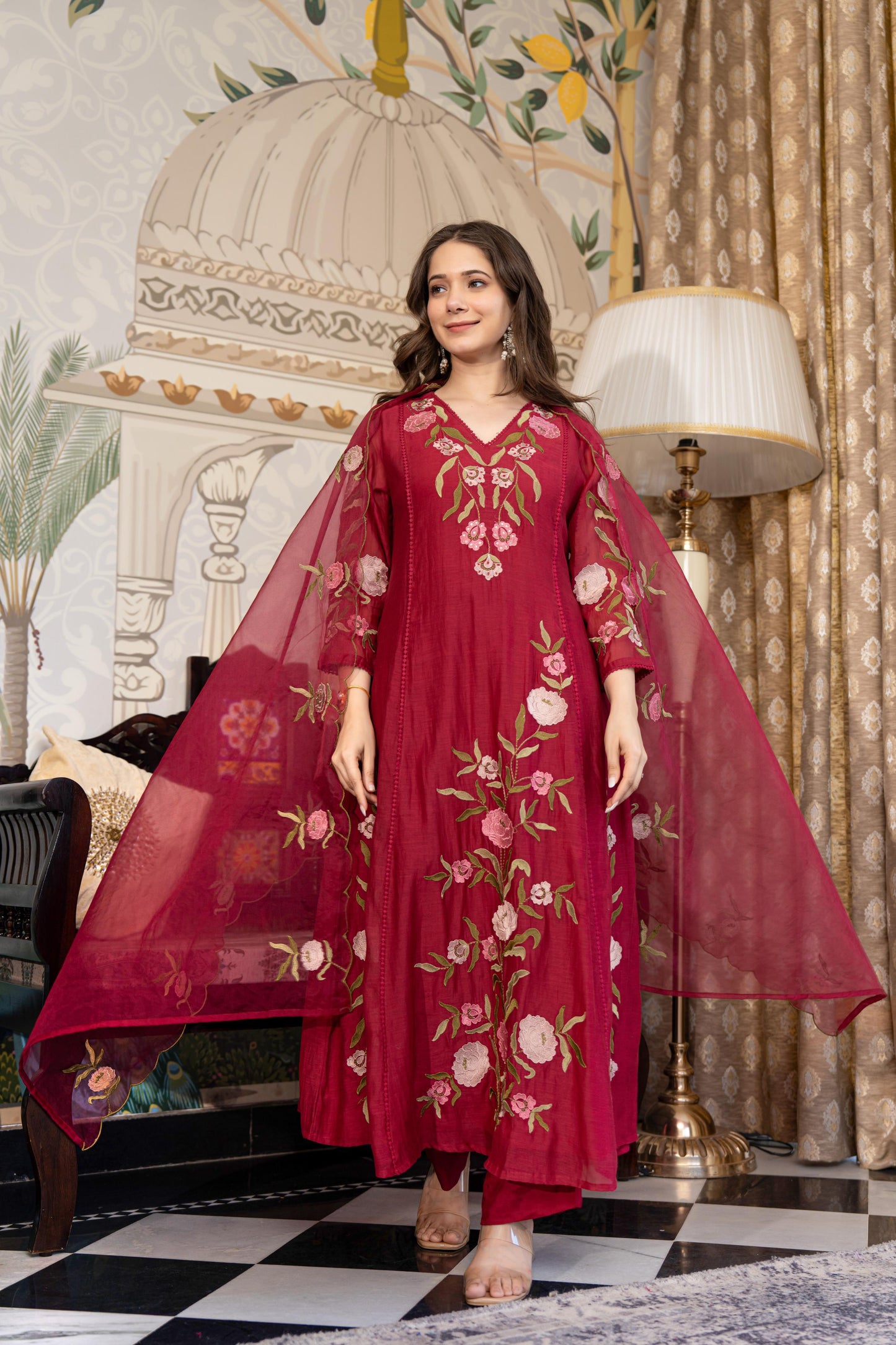 Red Mul Chanderi Embroidered Suit Set With Cotton Lining