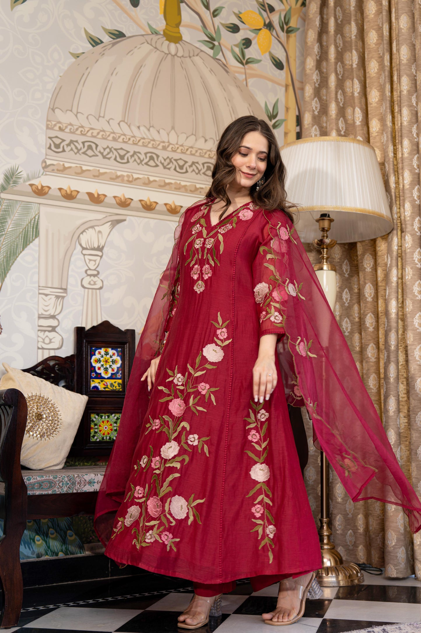 Red Mul Chanderi Embroidered Suit Set With Cotton Lining