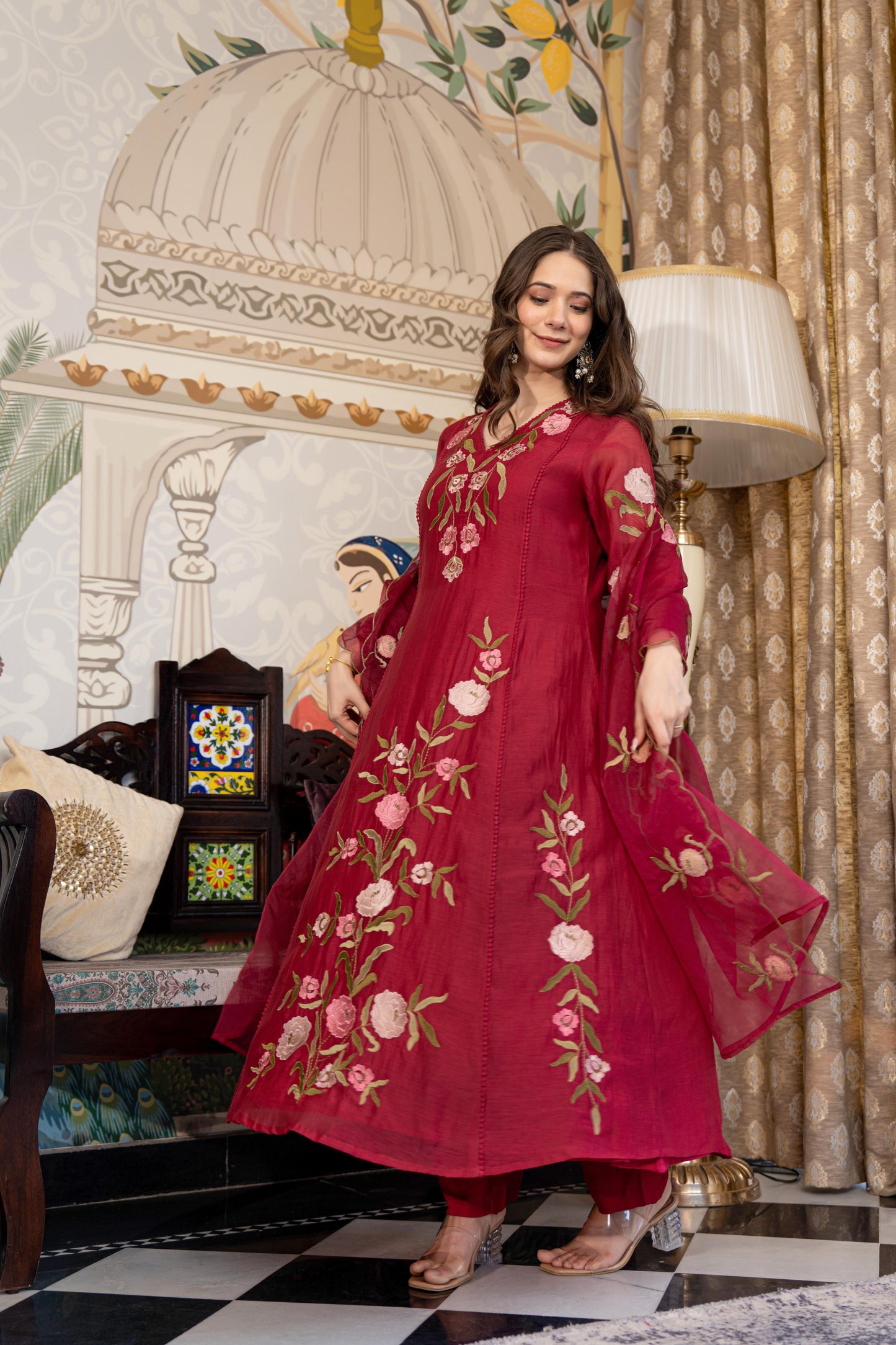 Red Mul Chanderi Embroidered Suit Set With Cotton Lining
