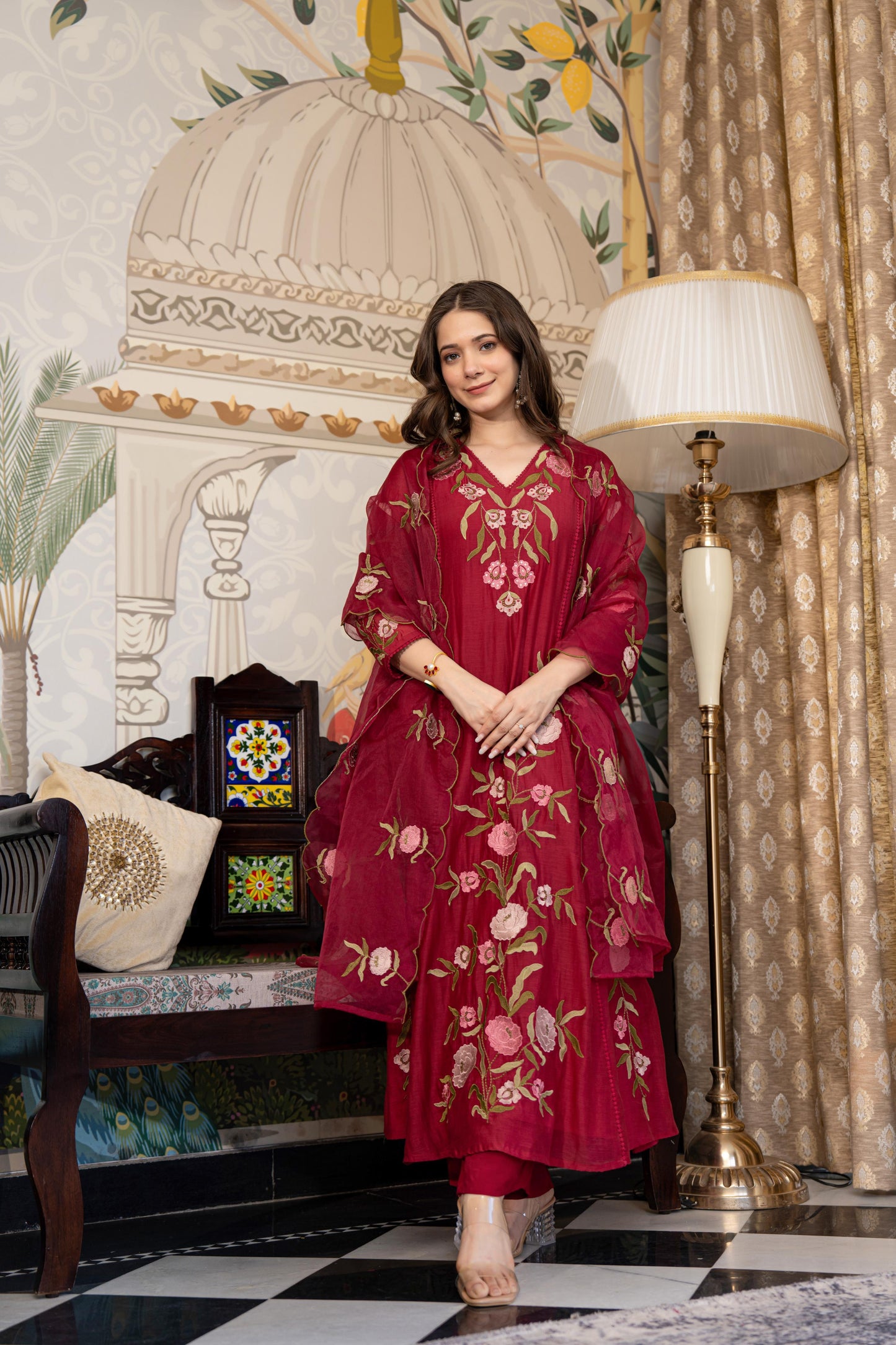 Red Mul Chanderi Embroidered Suit Set With Cotton Lining