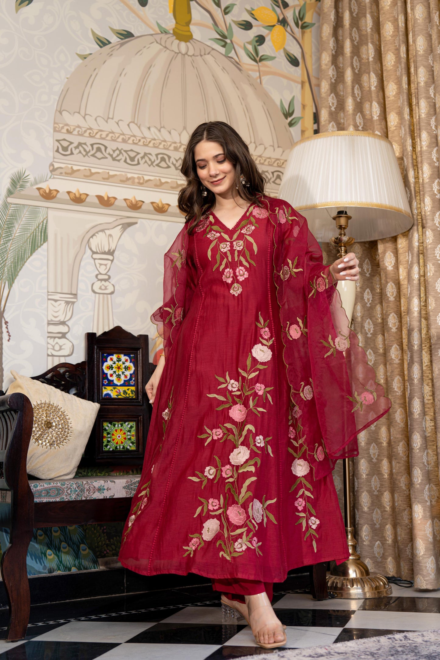 Red Mul Chanderi Embroidered Suit Set With Cotton Lining