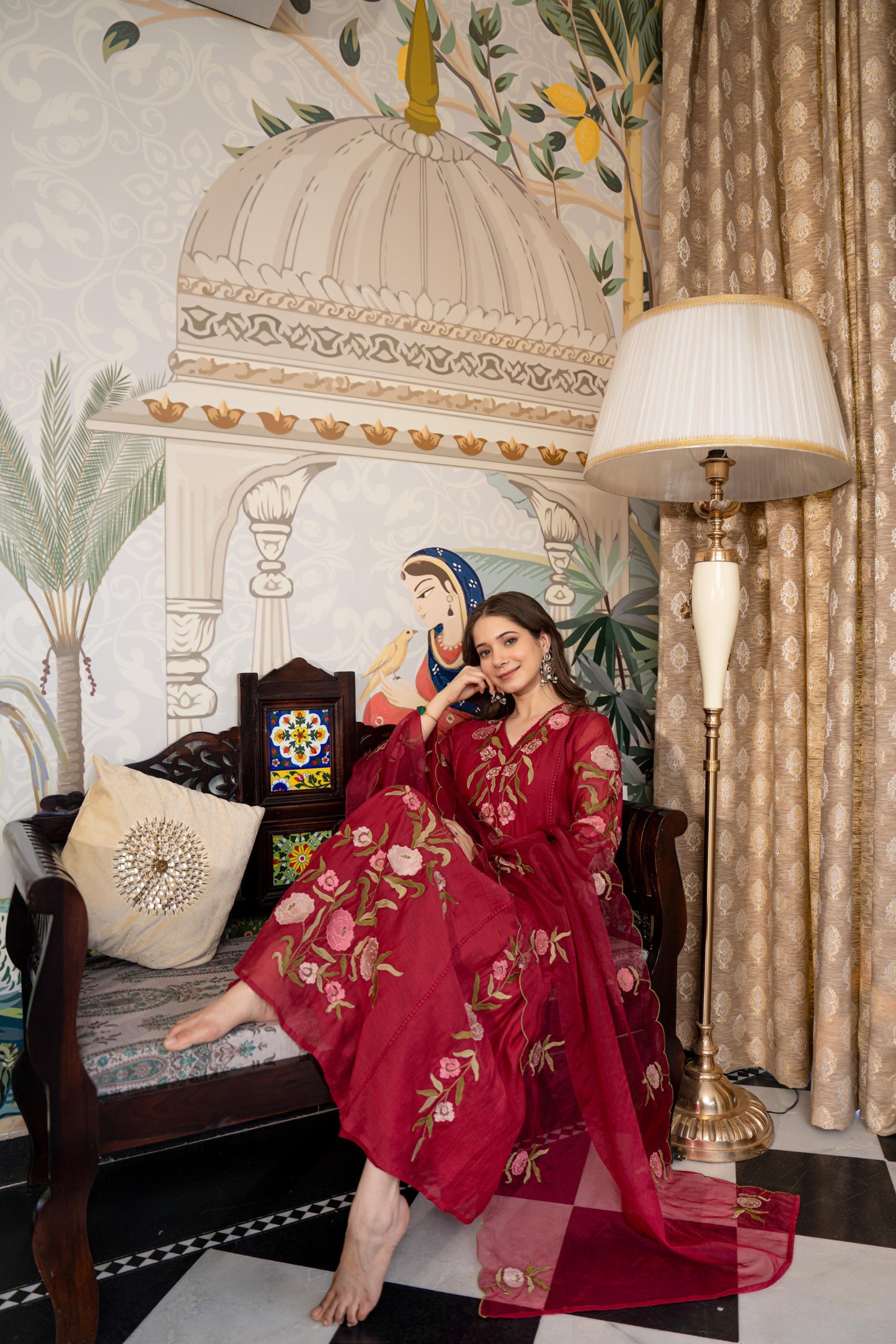 Red Mul Chanderi Embroidered Suit Set With Cotton Lining