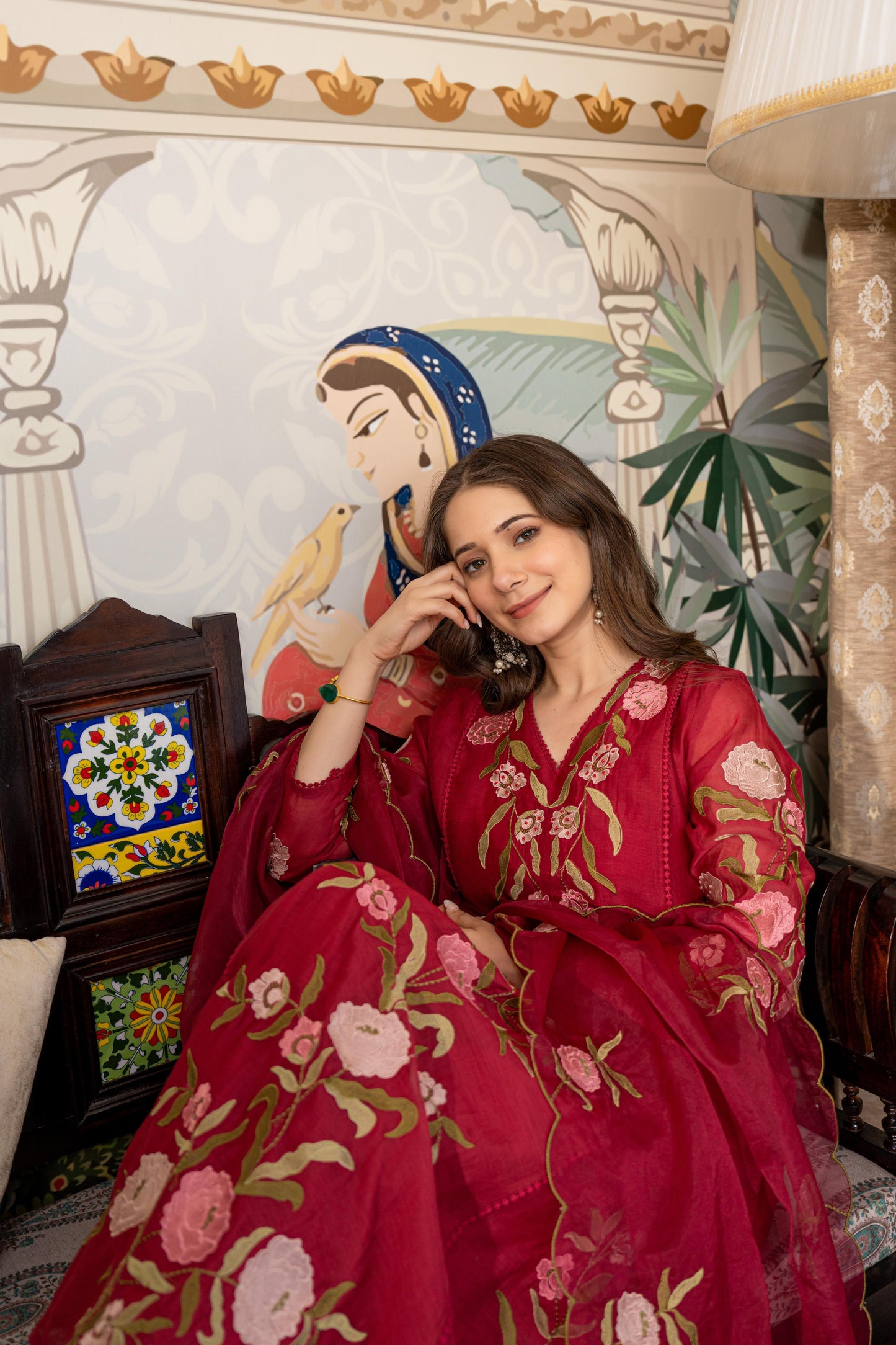 Red Mul Chanderi Embroidered Suit Set With Cotton Lining