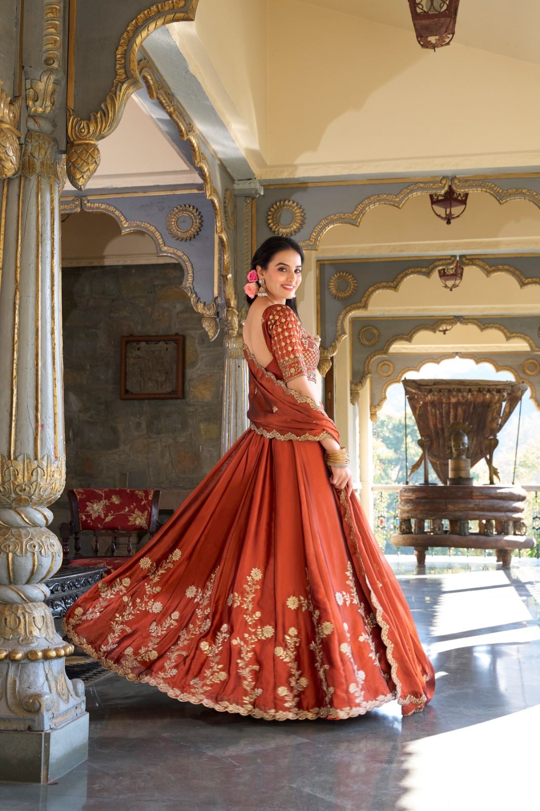 Orange Thread Embroidered Silk Lehenga Choli