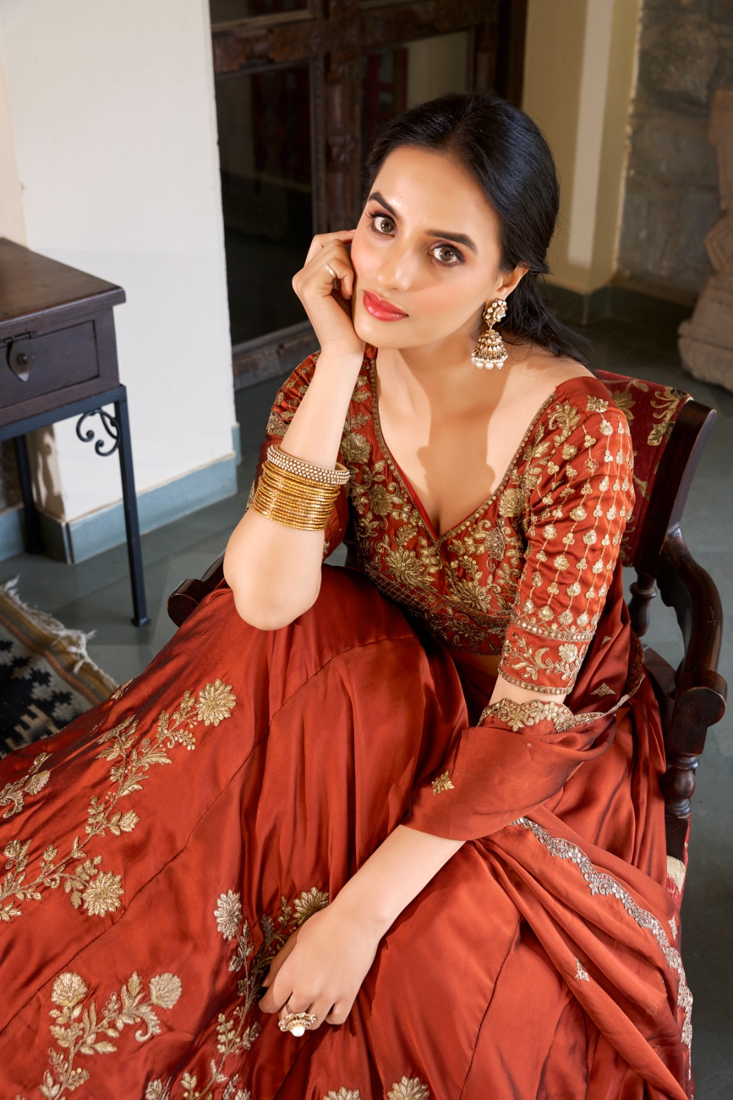 Orange Thread Embroidered Silk Lehenga Choli