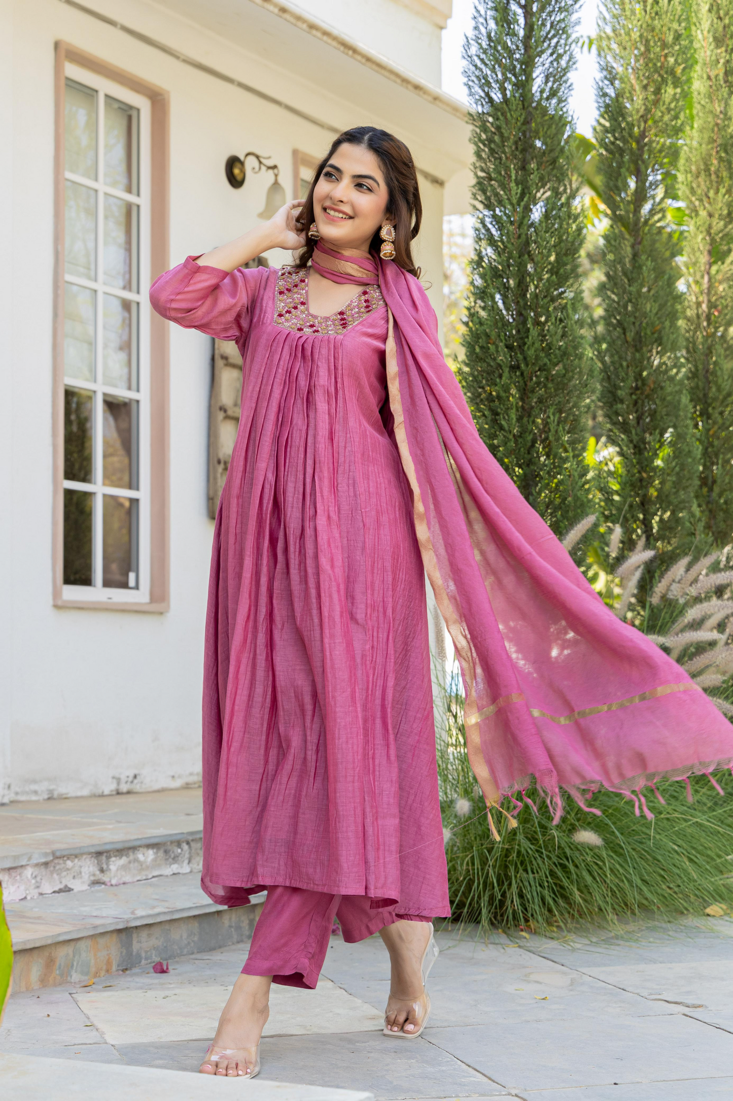 Pink Mul Chanderi A- Line Pleated Suit Set