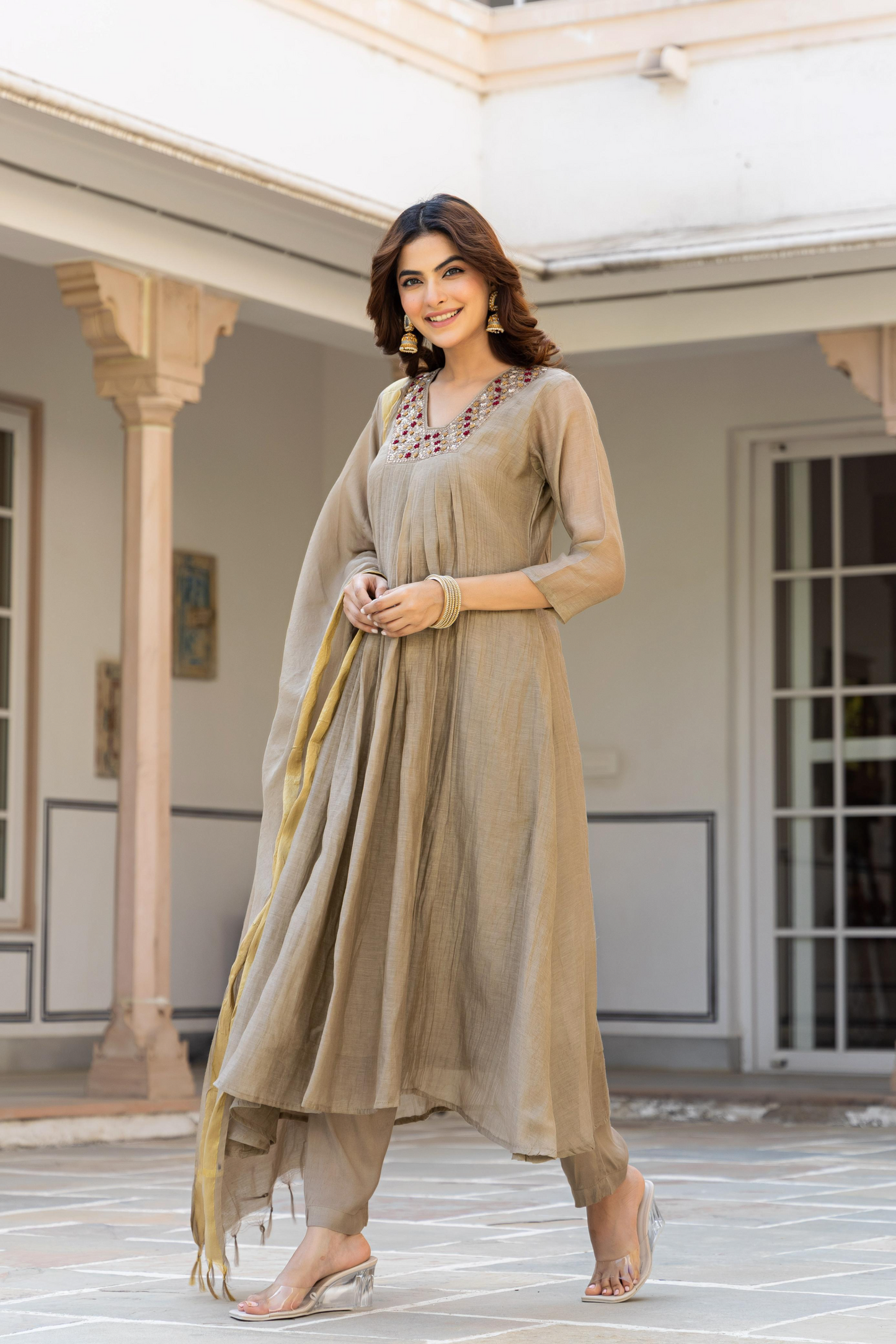 Beige Mul Chanderi A- Line Pleated Suit Set
