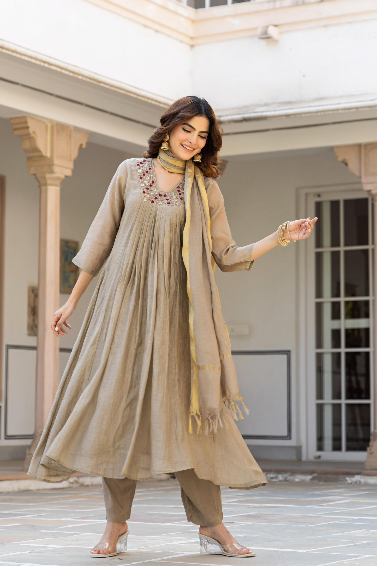 Beige Mul Chanderi A- Line Pleated Suit Set