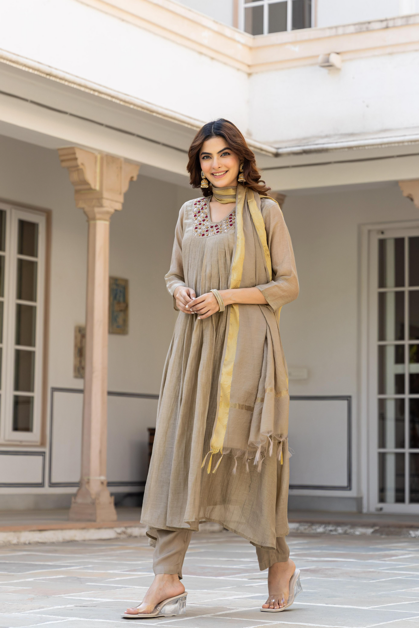 Beige Mul Chanderi A- Line Pleated Suit Set