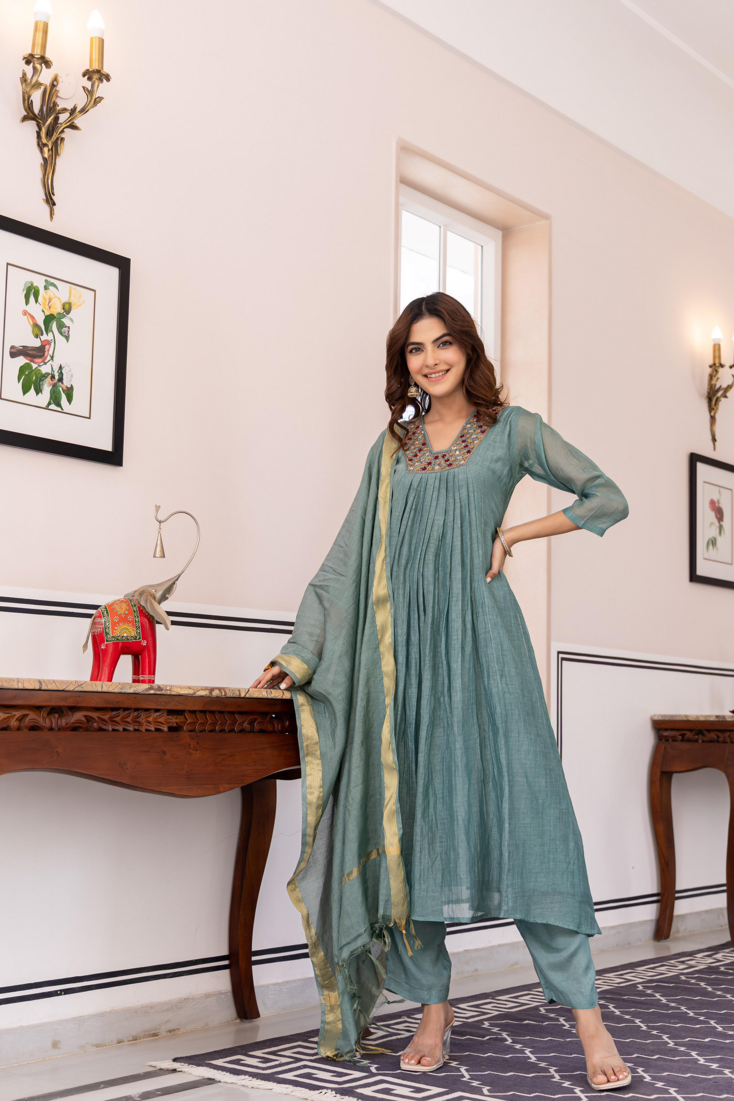 Aqua Mul Chanderi A- Line Pleated Suit Set