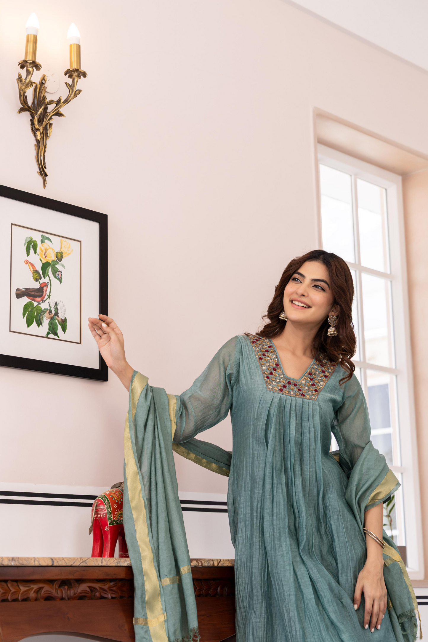 Aqua Mul Chanderi A- Line Pleated Suit Set