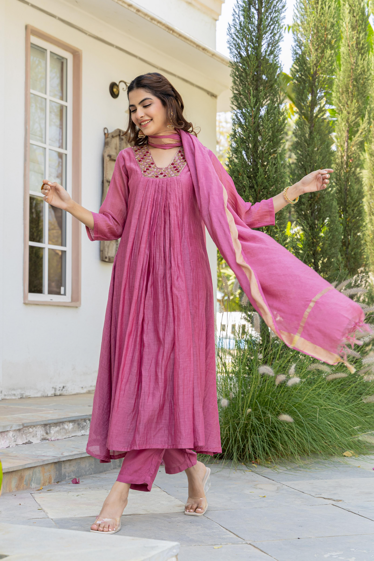 Pink Mul Chanderi A- Line Pleated Suit Set
